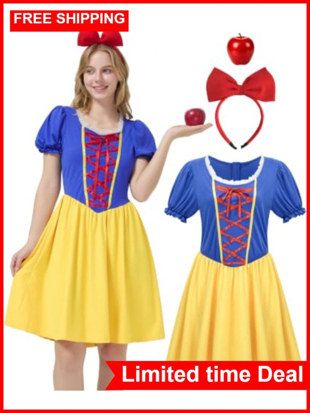 Princess Costume Dress Set with Headband & Apple Prop for Women